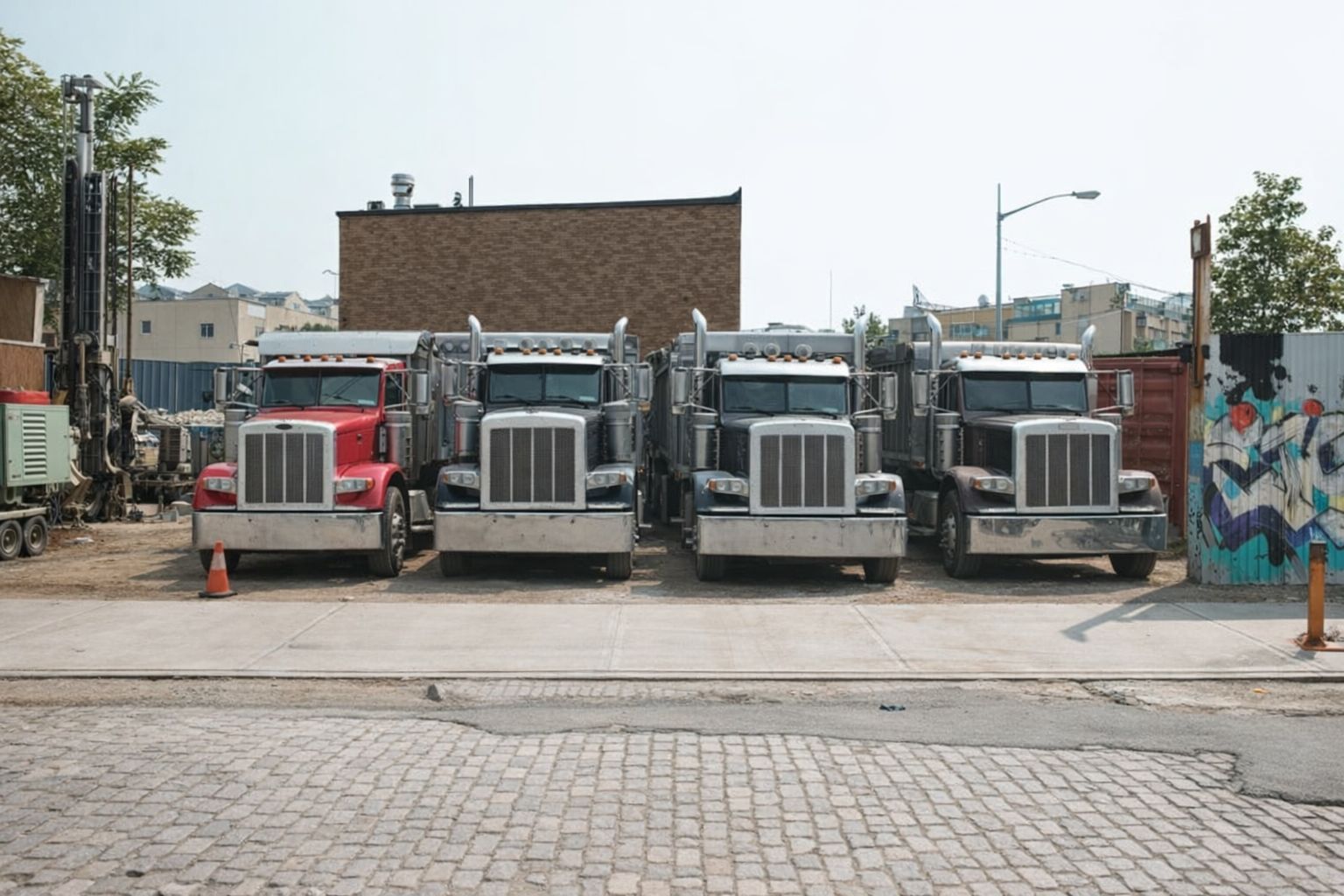 Fyra begagnade lastbilar uppställda på en industritomt inför försäljning.